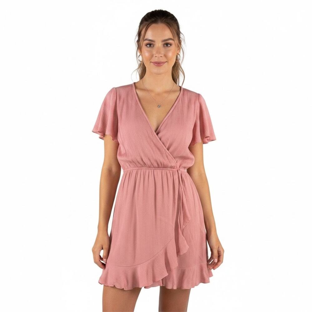 Altar'd State Callalily Mini Dress M Pink Faux Wrap Flutter Sleeve Ruffle Hem